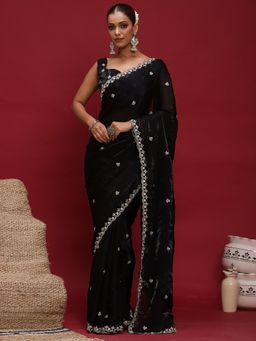 Akhilam - Women's Satin Black Embellished Designer Saree with Unstitched Blouse