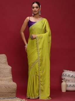 Akhilam - Women's Satin Silk Lime Green Embellished Saree with Unstitched Blouse