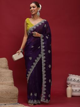 Akhilam - Women's Tissue Purple Embellished Designer Saree with Unstitched Blouse
