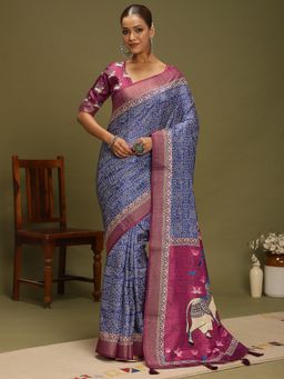 Akhilam - Women's Silk Blend Blue Digital Print Designer Saree with Unstitched Blouse