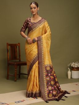 Akhilam - Women's Silk Blend Yellow Digital Print Saree with Unstitched Blouse