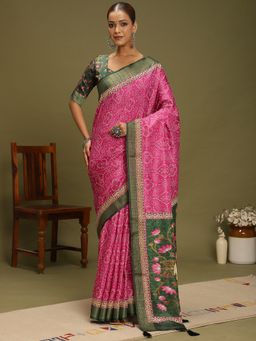 Akhilam - Women's Silk Blend Pink Digital Print Designer Saree with Unstitched Blouse