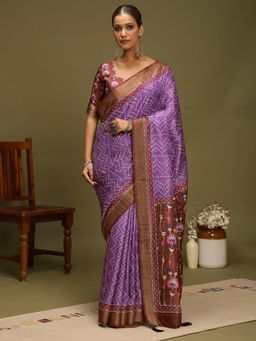 Akhilam - Women's Silk Blend Lavender Digital Print Saree with Unstitched Blouse