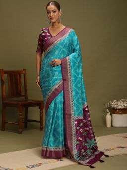 Akhilam - Women's Silk Blend Lavender Digital Print Saree with Unstitched Blouse