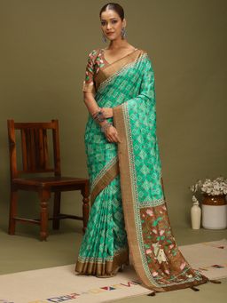 Akhilam - Women's Silk Blend Turquoise Digital Print Saree with Unstitched Blouse