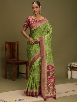 Akhilam - Women's Silk Blend Light Green Digital Print Saree with Unstitched Blouse
