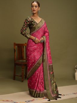 Akhilam - Women's Silk Blend Pink Digital Print Designer Saree with Unstitched Blouse