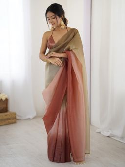 Akhilam - Women's Tissue Brown Ombre Pre Drape Saree with Unstitched Blouse