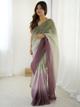 Akhilam - Women's Tissue Green Ombre Pre Drape Saree with Unstitched Blouse
