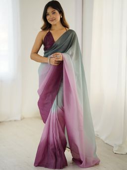 Akhilam - Women's Tissue Charcoal Grey Ombre Pre Drape Saree with Unstitched Blouse