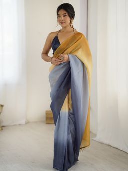 Akhilam - Women's Tissue Mustard Ombre Pre Drape Saree with Unstitched Blouse
