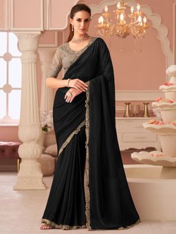 Akhilam - Women's Georgette Black Embellished Designer Saree with Unstitched Blouse
