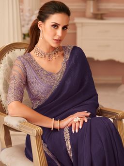 Akhilam - Women's Georgette Violet Embellished Designer Saree with Unstitched Blouse