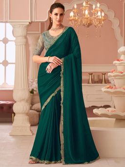 Akhilam - Women's Georgette Green Embellished Designer Saree with Unstitched Blouse