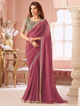 Akhilam - Women's Georgette Mauve Embellished Designer Saree with Unstitched Blouse