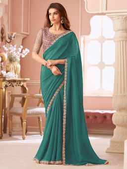 Akhilam - Women's Georgette Teal Green Embellished Saree with Unstitched Blouse