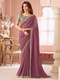 Akhilam - Women's Georgette Purple Embellished Designer Saree with Unstitched Blouse