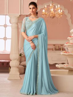 Akhilam - Women's Chiffon Light Blue Embellished Designer Saree with Unstitched Blouse