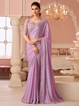 Akhilam - Women's Chiffon Pink Embellished Designer Saree with Unstitched Blouse