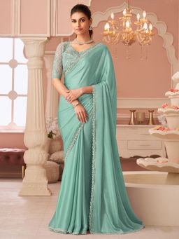 Akhilam - Women's Chiffon Turquoise Embellished Designer Saree with Unstitched Blouse