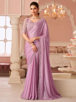 Akhilam - Women's Chiffon Lavender Embellished Designer Saree with Unstitched Blouse