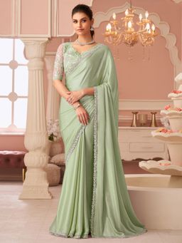 Akhilam - Women's Chiffon Sea Green Embellished Designer Saree with Unstitched Blouse
