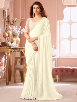 Akhilam - Women's Georgette Off White Embellished Saree with Unstitched Blouse