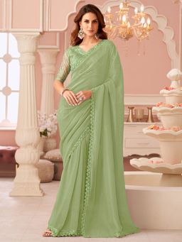 Akhilam - Women's Georgette Light Green Embellished Saree with Unstitched Blouse