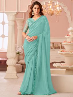 Akhilam - Women's Georgette Aqua Blue Embellished Saree with Unstitched Blouse