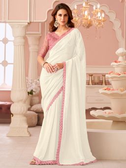 Akhilam - Women's Georgette White Embellished Designer Saree with Unstitched Blouse