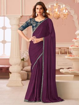 Akhilam - Women's Satin Silk Purple Embellished Designer Saree with Unstitched Blouse