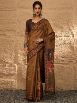 Akhilam - Women's Silk Blend Brown Digital Print Designer Saree with Unstitched Blouse