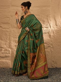 Akhilam - Women's Silk Blend Green Digital Print Designer Saree with Unstitched Blouse