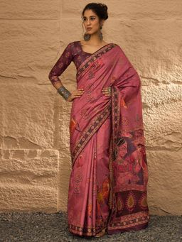 Akhilam - Women's Silk Blend Pink Digital Print Designer Saree with Unstitched Blouse