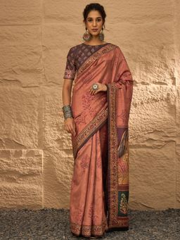 Akhilam - Women's Silk Blend Rust Digital Print Designer Saree with Unstitched Blouse