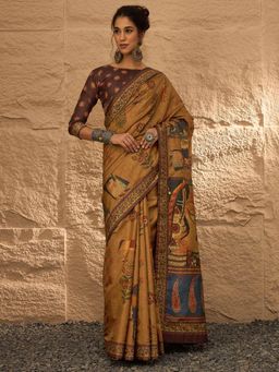 Akhilam - Women's Silk Blend Camel Brown Digital Print Saree with Unstitched Blouse