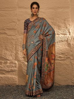 Akhilam - Women's Silk Blend Grey Digital Print Designer Saree with Unstitched Blouse