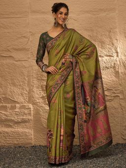 Akhilam - Women's Silk Blend Olive Digital Print Designer Saree with Unstitched Blouse