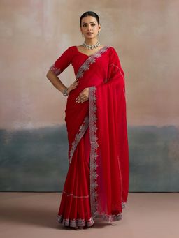 Akhilam - Women's Chiffon Red Embellished Designer Saree with Unstitched Blouse