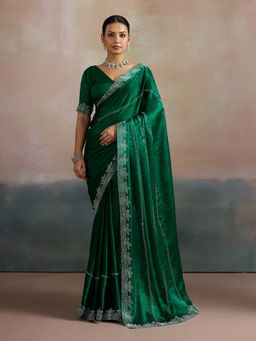 Akhilam - Women's Chiffon Teal Green Embellished Designer Saree with Unstitched Blouse