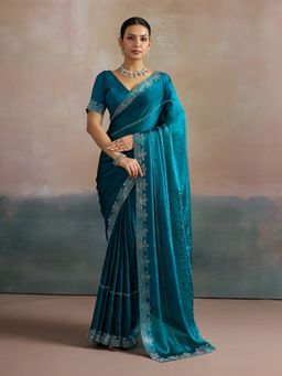 Akhilam - Women's Chiffon Light Blue Embellished Designer Saree with Unstitched Blouse