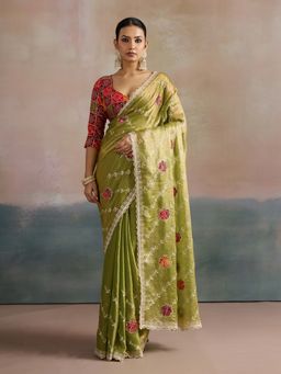 Akhilam - Women's Chiffon Light Green Embellished Saree with Unstitched Blouse