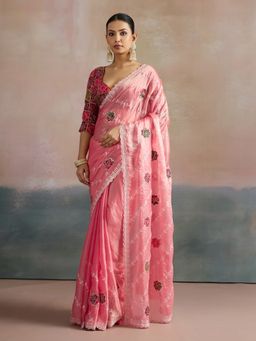 Akhilam - Women's Chiffon Pink Embellished Designer Saree with Unstitched Blouse