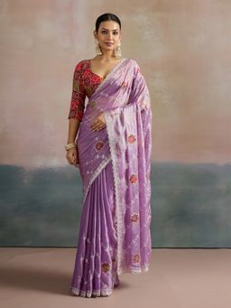 Akhilam - Women's Chiffon Lavender Embellished Designer Saree with Unstitched Blouse