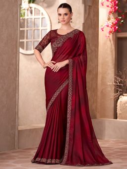 Akhilam - Women's Chiffon Magenta Embellished Designer Saree with Unstitched Blouse
