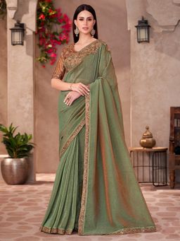 Akhilam - Women's Georgette Light Green Embellished Saree with Unstitched Blouse