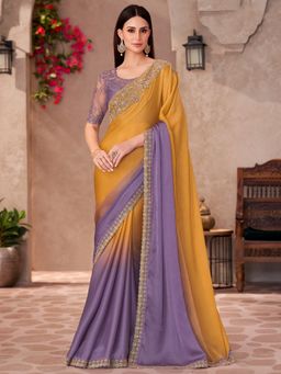 Akhilam - Women's Chiffon Mustard Embellished Designer Saree with Unstitched Blouse