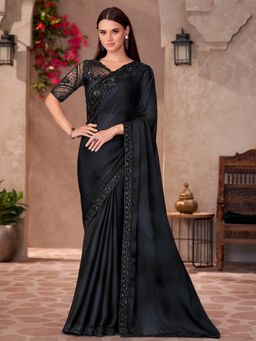 Akhilam - Women's Chiffon Black Embellished Designer Saree with Unstitched Blouse