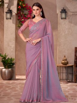Akhilam - Women's Georgette Mauve Embellished Designer Saree with Unstitched Blouse