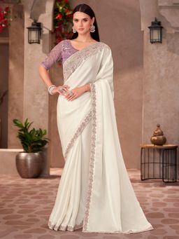 Akhilam - Women's Georgette Off White Embellished Saree with Unstitched Blouse